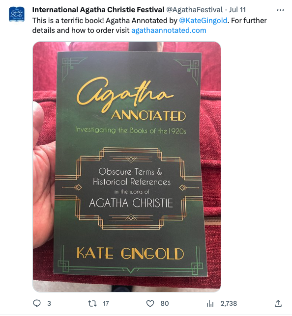 image of tweet from International Agatha Christie Festival saying 'This is a terrific book!'